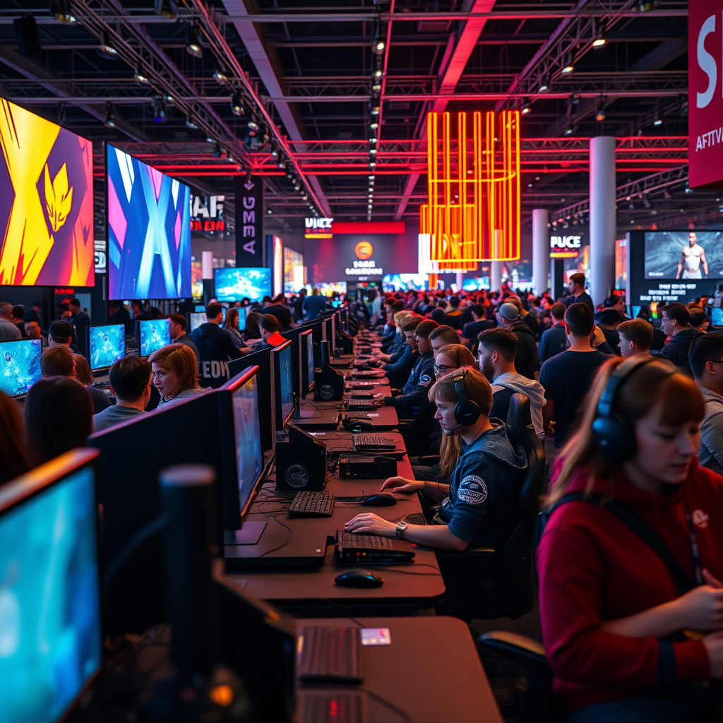 Deutsche Gaming-Community bei einer großen Gaming-Convention mit E-Sport-Turnieren, Gamern an Spielstationen und bunten LED-Displays