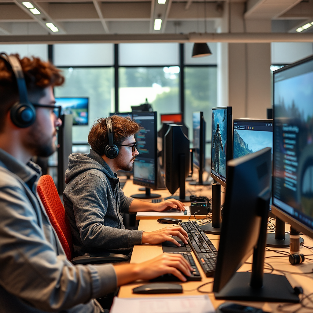 Entwickler in einem modernen deutschen Gaming-Studio bei der Arbeit an Computern mit Code und Spielgrafiken auf den Bildschirmen