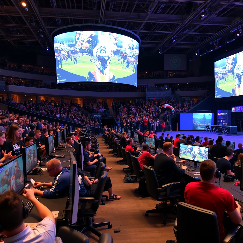 Professionelles E-Sport-Turnier in Deutschland mit Gamern an Gaming-Stationen, großen Bildschirmen und begeisterten Zuschauern in einer Arena