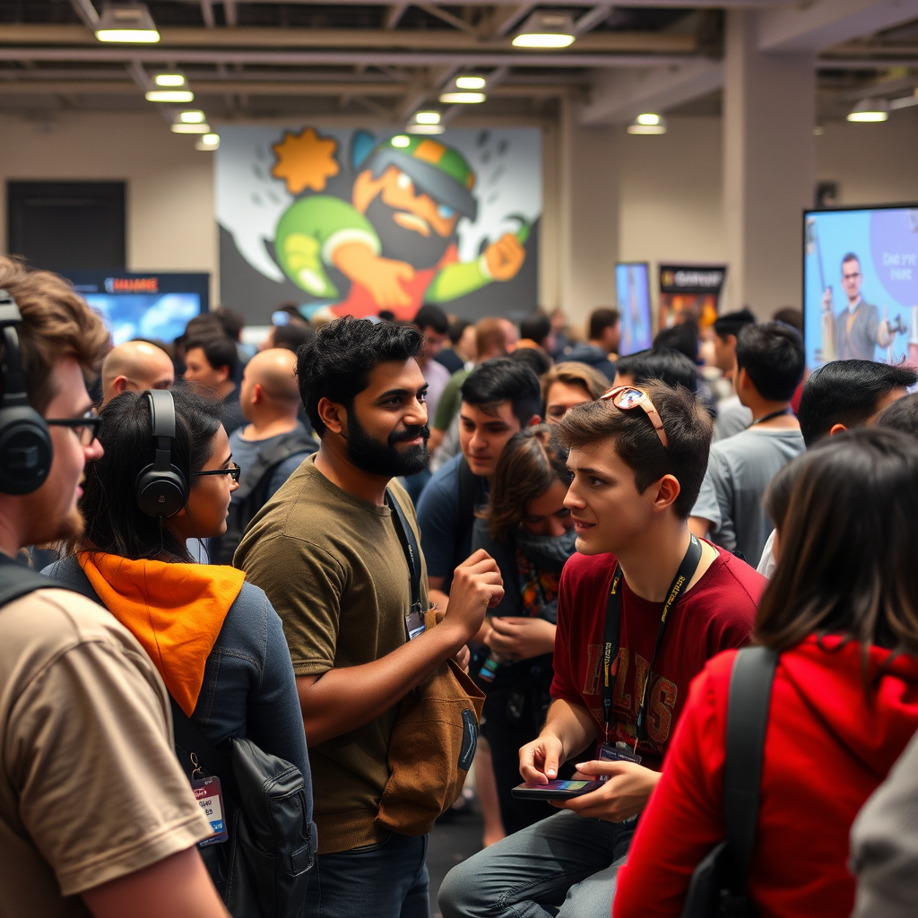 Eine diverse Gaming-Community bei einem Indie-Game-Event, mit Entwicklern und Spielern im Gespräch