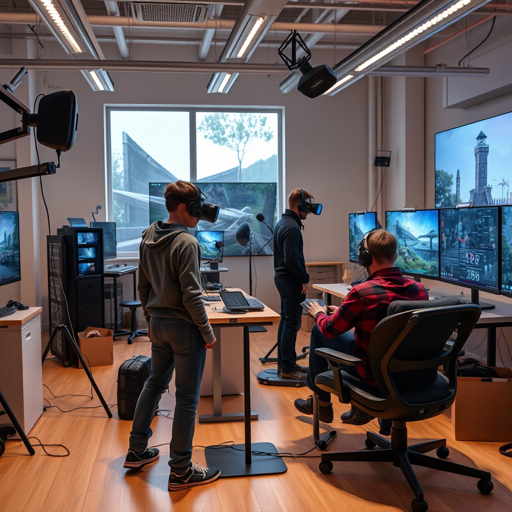 Futuristische Gaming-Technologie und VR-Equipment in einem deutschen Entwicklungsstudio mit Entwicklern, die neue Spielkonzepte testen
