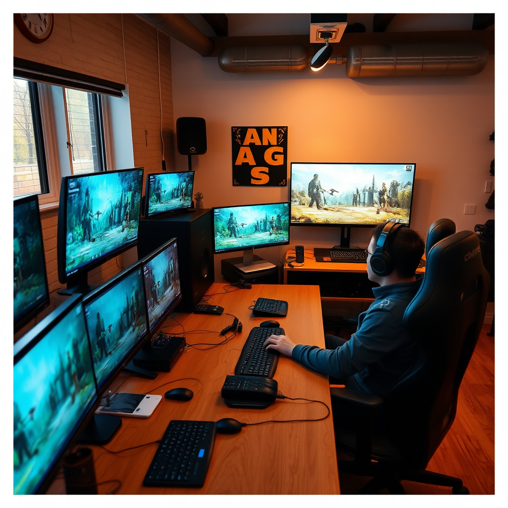 Deutsche Online-Gaming-Community beim Streaming und in Discord-Chats, mit mehreren Bildschirmen und Gaming-Setups