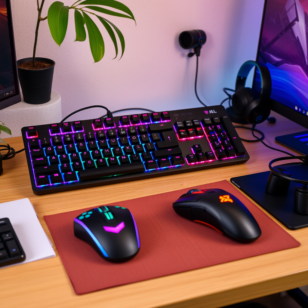 Gaming-Peripherie-Setup mit mechanischer RGB-Tastatur, präziser Gaming-Maus, kabellosem Headset und Gaming-Controller auf einem aufgeräumten Schreibtisch