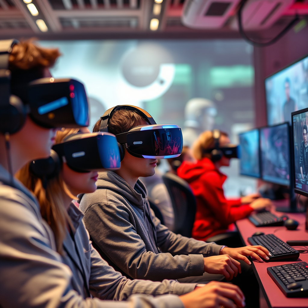 Futuristische Gaming-Szene in Deutschland mit VR-Brillen, AR-Technologie und modernen Gaming-Setups der nächsten Generation