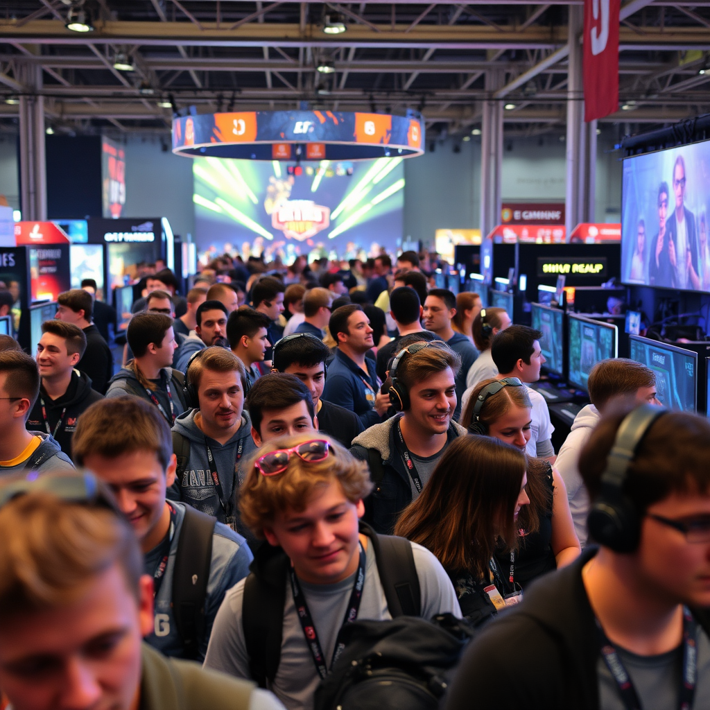 Gaming-Convention in Deutschland mit enthusiastischen Spielern, E-Sport-Turnier im Hintergrund, deutsche Gaming-Community bei Events, lebendige Atmosphäre mit Gaming-Ständen